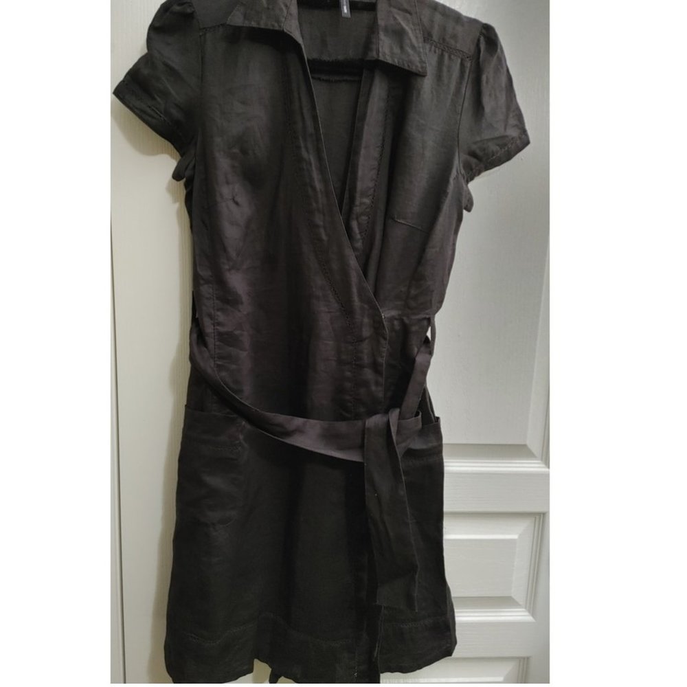 NWOT MANGO WRAP AROUND DARK BROWN LINEN SHIRT DRESS AND BELT (US S)